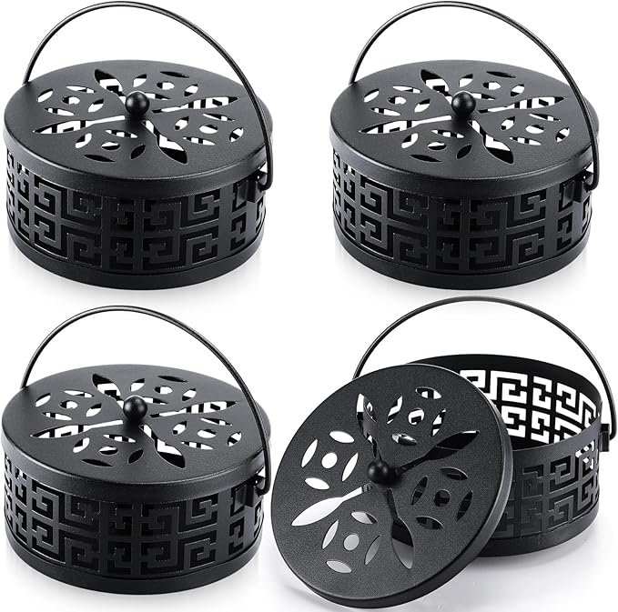 Lallisa 4 Pieces Mosquito Coil Holder Incense Coil Holder Round Retro Portable Metal Hanging Incense Burner with Handle for Home Camping Indoor Outdoor Patio(Black)