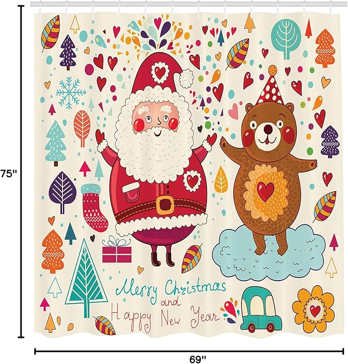 Ambesonne Christmas Shower Curtain, Santa and Teddy Bear Vintage Christmas Season Ornaments Party Theme, Cloth Fabric Bathroom Decor Set with Hooks, 69" W x 75" L, Red Blue