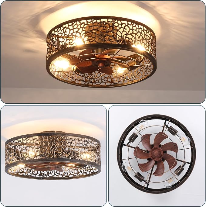 COCOSTAR Caged Ceiling Fan with Light Flush Mount Farmhouse Retro Fandelier | Remote/APP,Low Profile,Enclosed,Bladeless,Quiet,20" Rustic Light Fixture with Fan for Kitchen Bedroom Living Room Dining Room