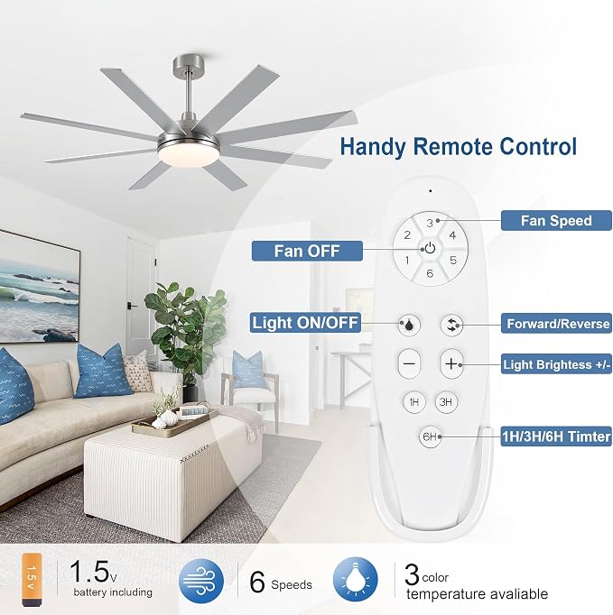 62 Inch Ceiling Fans with Lights and Remote Control, Brushed Nickel | Wooden Blades,Reversible Quiet DC Motor, 6-Speed, 3CCT Dimmable LED, Timer for Living Room, Bedroom, Office