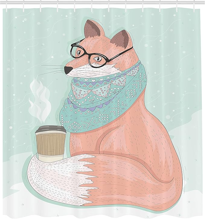 Ambesonne Animal Shower Curtain, Hipster Fox Glasses and Scarf Drinking Coffee Hippie Illustration, Cloth Fabric Bathroom Decor Set with Hooks, 69" W x 70" L, Coral Mint