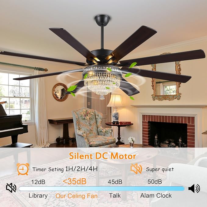 GJeg Crystal Ceiling Fan Fandelier with Lights - Outdoor Ceiling Fans with Remote Control, Farmhouse Ceiling Fan with Noiseless DC Reversible Motor,Dining Room,Living Room(72" Black)