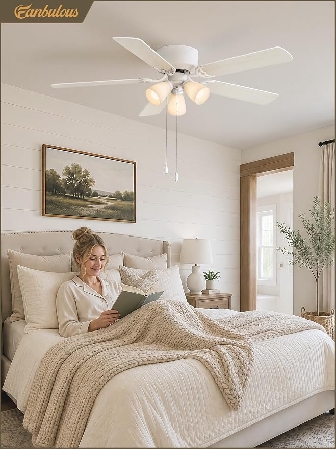 Fanbulous 52" Modern Ceiling Fan with 3 Lights, Remote & Pull Chain Control | DC Quiet Motor, 6-Speed Timer, Shatterproof PP Shades, Low Profile Flush Mount for Bedroom, Living Room, Kitchen, White