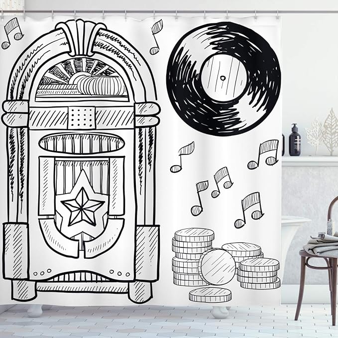 Ambesonne Jukebox Shower Curtain, Doodle Style Retro Music Box Notes Coins Long Play Vintage Sketchy Art, Cloth Fabric Bathroom Decor Set with Hooks, 69" W x 70" L, Black and White