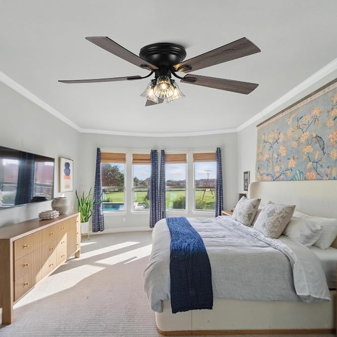 52'' Flush Mount Ceiling Fans with Lights and Remote Control | Reversible DC Motor,5 Reversible Blade,6 Speeds,Rustic Farmhouse Ceiling Fan for Living Room,Dining Room,Bedroom