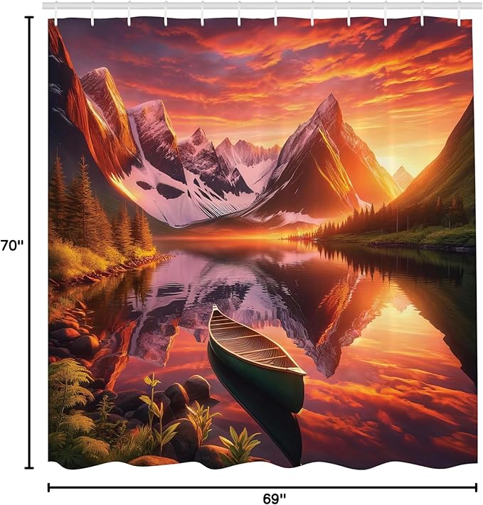Ambesonne Lake Shower Curtain, Mural Like Landscape Lonely Boat on Reflection Trres and Mountains, Cloth Fabric Bathroom Decor Set with Hooks, 69" W x 70" L, Olive Green and Burnt Sienna