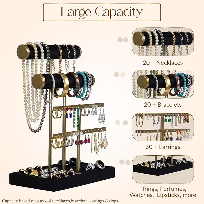 Jewelry Tower Stand Organizer for Women - Soft Touch Velvet Elegant Jewelry Holder Display with Necklace Holder, Earring Organizer & Bracelet Rack - Tabletop Stand for Dresser, Vanity, Desk - Black