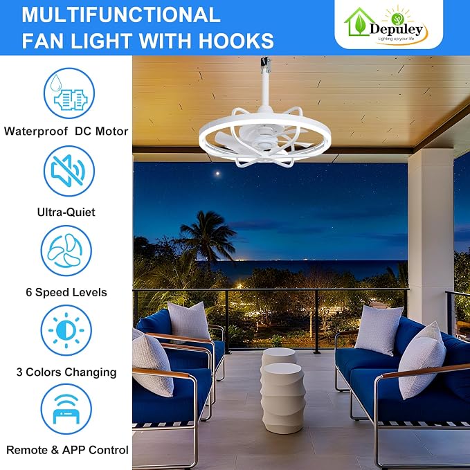 Depuley 20" Outdoor Ceiling Fan with Lights, White Waterproof Gazebo Hanging Fan with Remote App Control, Dimmable Plug in Caged outdoor Ceiling Fans for patios Porch 6-Speeds