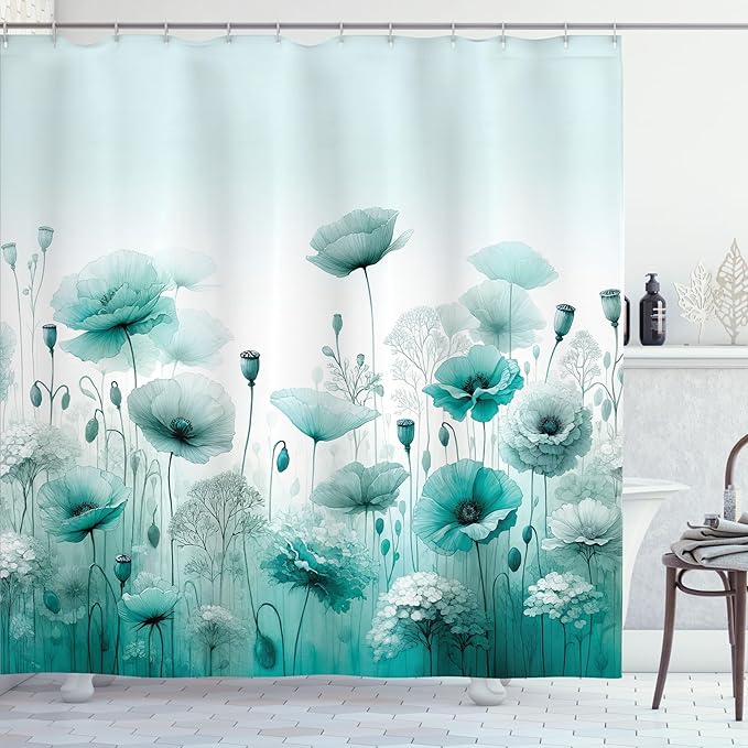 Ambesonne Turquoise Shower Curtain, Chill Atmosphere of Flowering Poppy Scene with Oceanic Green Tones, Cloth Fabric Bathroom Decor Set with Hooks, 69" W x 75" L, Mint Green Seafoam White