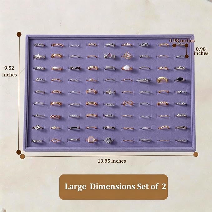 Large Velvet Jewelry Tray 2 Pack Stackable Jewelry Display Drawer Inserts Trays Organizer for Earring Bracelet Necklace Ring (Purple, Ring 81 Slots)