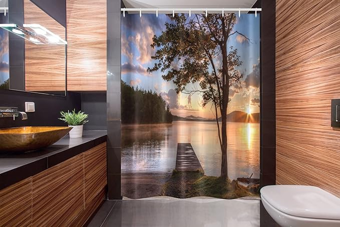 Ambesonne Seascape Stall Shower Curtain, Shore of Seventh Lake Tree Sunbeam at Sunset Water Reflection Tranquility, Fabric Bathroom Decor Set with Hooks, 54" W x 78" L, Brown Peach