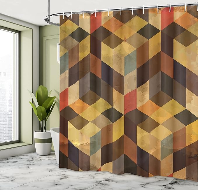 Ambesonne Modern Shower Curtain, Geometrical Shaped Lines Squares Chevron Graphic Art Print, Cloth Fabric Bathroom Decor Set with Hooks, 69" W x 70" L, Orange Apricot