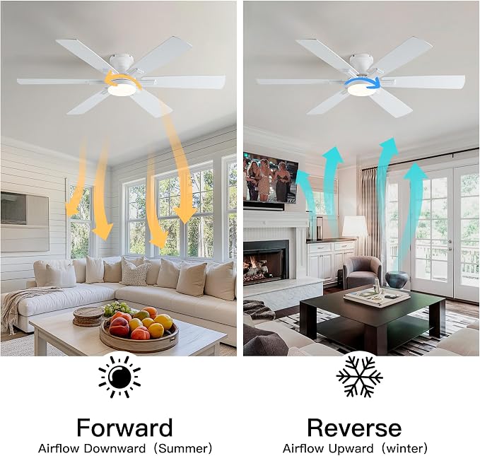 OURSTAR Ceiling Fans with Lights and Remote Control, White Low Profile Ceiling Fan with Light 3-Color LED Dimmable, Memory for Lighting and Fan Reversible, 6-Speed, Timer, Indoor/Outdoor Use, 52 Inch