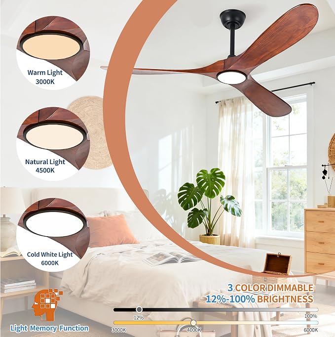 Ceiling Fans with Lights and Remote, Large Outdoor Ceiling Fan with Light Dimmable for Patios Living Room Bedroom Gazebo High CFM 3 Blade Propeller Indoor Damp Rated Fan (Walnut 72 Inch)