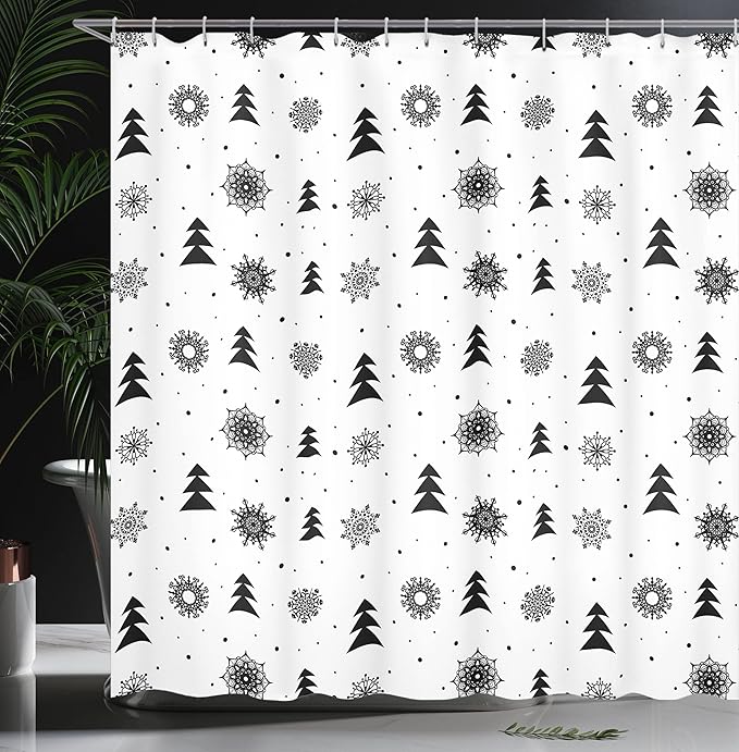 Ambesonne Nordic Shower Curtain, Christmas Pine Trees Snowflakes Noel Winter North Holiday Celebration Graphic Art, Cloth Fabric Bathroom Decor Set with Hooks, 69" W x 70" L, Black White