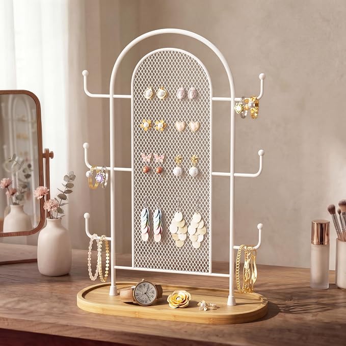 bussdis Jewelry Holder Organizer Earring Display - Earring Storage Tree Stands Towers With 6 Hooks 300 Studs Wood Tray White Metal Rack