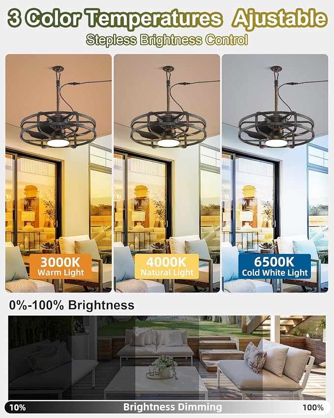 20" Outdoor Ceiling Fan with Light – Waterproof Plug-In Smart Fan for Porch, Pergola & Gazebo, 4CCT Color Adjustable, Alexa & Google Compatible, Caged Design, Brushed Gold Finish