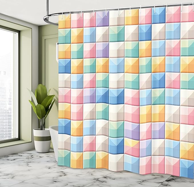 Ambesonne Colorful Shower Curtain, Modern Grid Design Checkered Pastel Tones with Futurist Line Details Colour Jumble, Cloth Fabric Bathroom Decor Set with Hooks, 69" W x 70" L, Multicolor