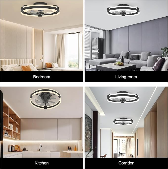Garwarm 20 Inch Ceiling Fans with Lights and Remote, Modern Low Profile Ceiling Fan,3000K-6000K Dimmable LED Small Fan Light Fandelier for Bedroom,Black