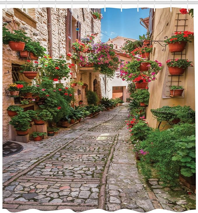 Ambesonne Tuscan Shower Curtain, Historical Mediterranean Street Flowers Italian Town in Sunny Day Umbria, Cloth Fabric Bathroom Decor Set with Hooks, 69" W x 70" L, Ivory Green