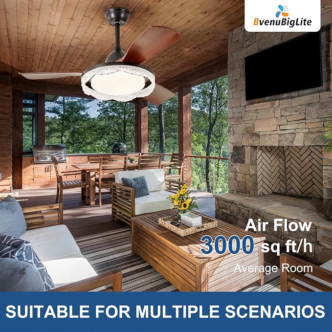 Ceiling Fans with Lights and Remote: 42-Inch Ceiling Fan 3 Blades Round Crystal Low Profile Outdoor - Walnut Ceiling Fans with Remote Control Quiet Reversible DC Motor for Living Room
