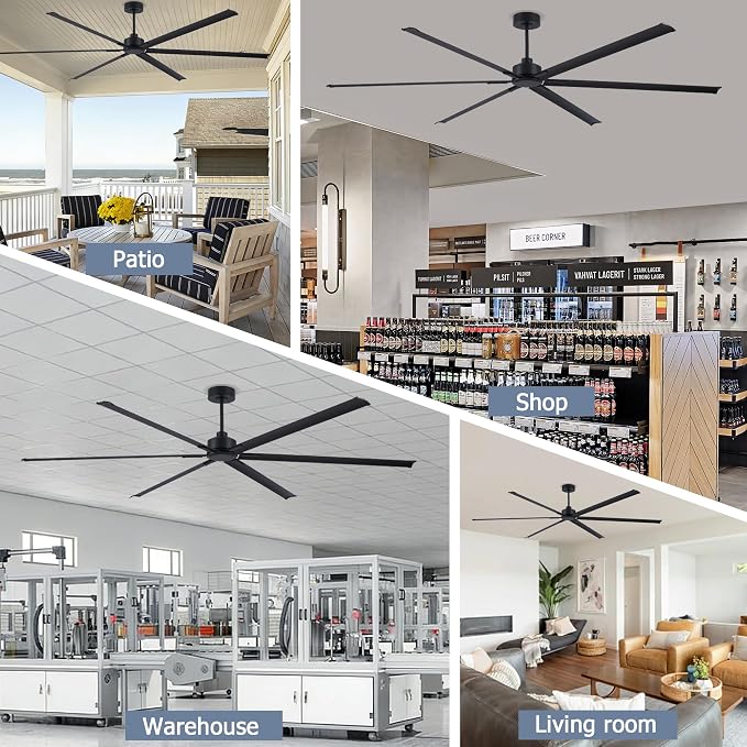 120 Inch Ceiling Fans No Light, Large Industrial Ceiling Fan with 6 Aluminium Blades, Quiet DC Motor, 6 Speeds, Modern Ceiling Fan without Light for Garage/shop/living room,Black