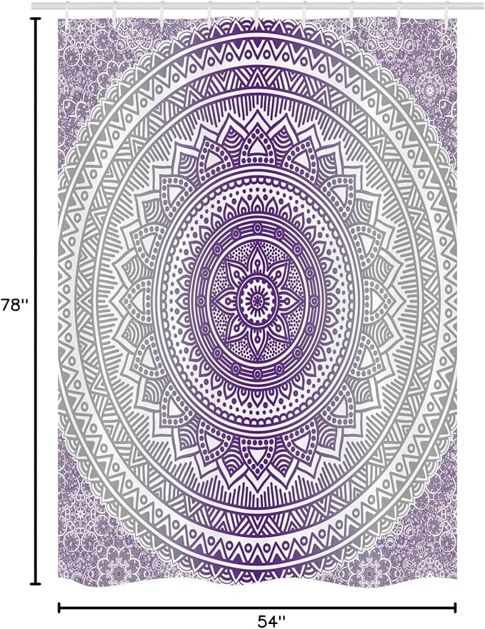 Ambesonne Grey and Purple Stall Shower Curtain, Eastern Traditional of Cosmos Pattern Boho Ombre Mandala Design Print, Fabric Bathroom Decor Set with Hooks, 54" W x 78" L, Purple White