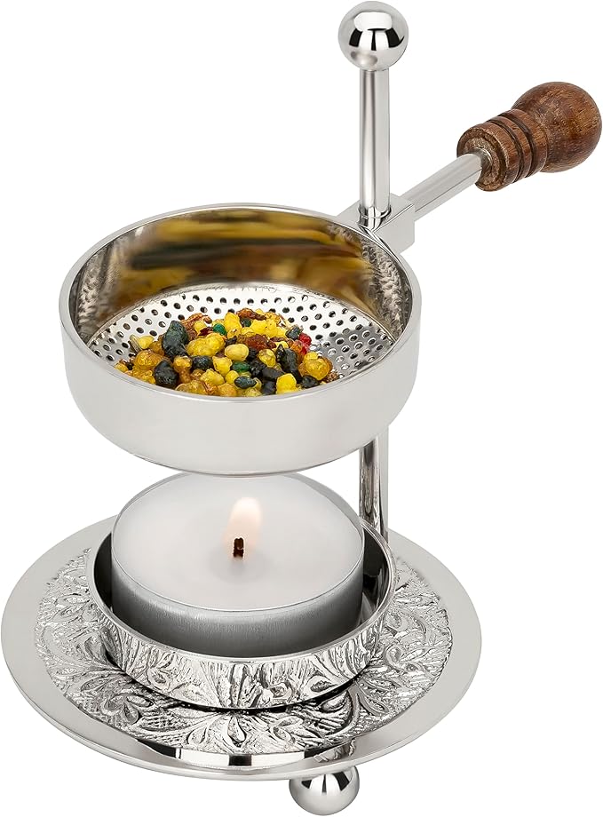 Adjustable Resin Incense Burner/Incense Censer with Tealight and Wooden Handle – HANDCRAFTET Nickel-Plated Brass, Height 4.33 inch, Durable Aromatherapy Holder for Safe Burning