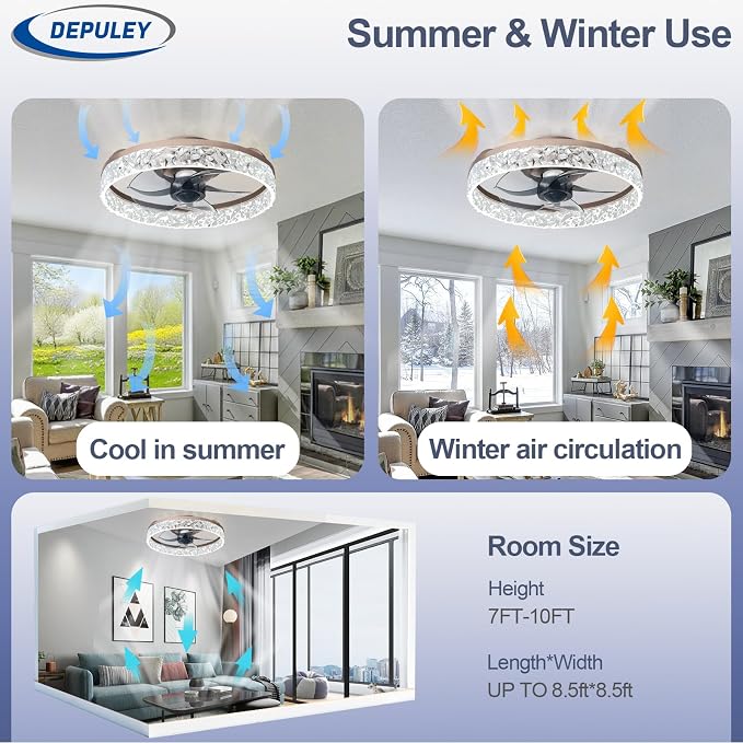 Depuley Ceiling Fans with Lights and Remote: 16" Modern Low Profile Flush Mount Ceiling Fan with App Remote Control - Brown Fandelier for Bedroom Living Room Kitchen Dimmable Quiet DC Motor