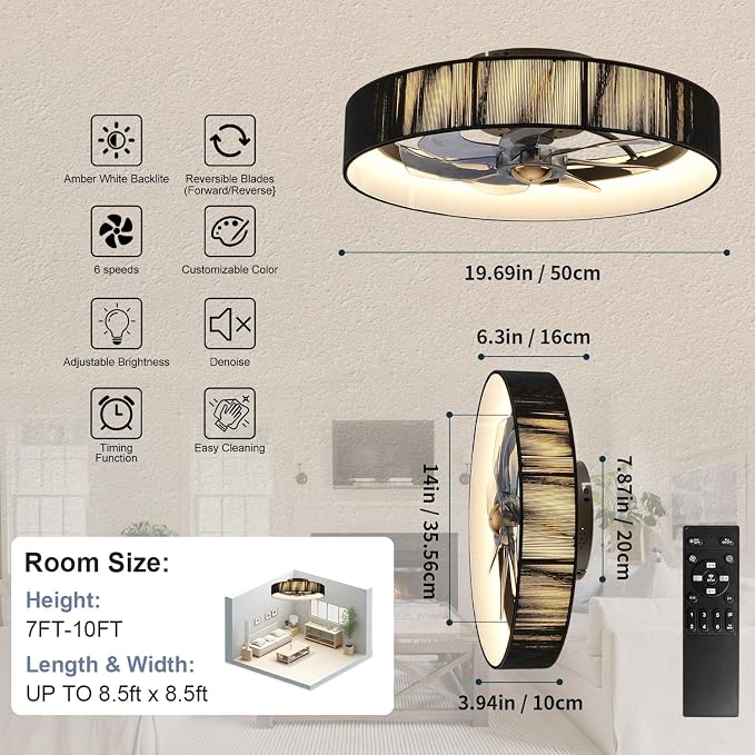 20" Flush Mount Caged Ceiling Fan with Lights, Low Profile Fandelier with Remote/App Control, 6 Speeds Dimmable LED Ceiling Fan, Fabric Farmhouse Style for Bedroom Kitchen Living Room（Black）