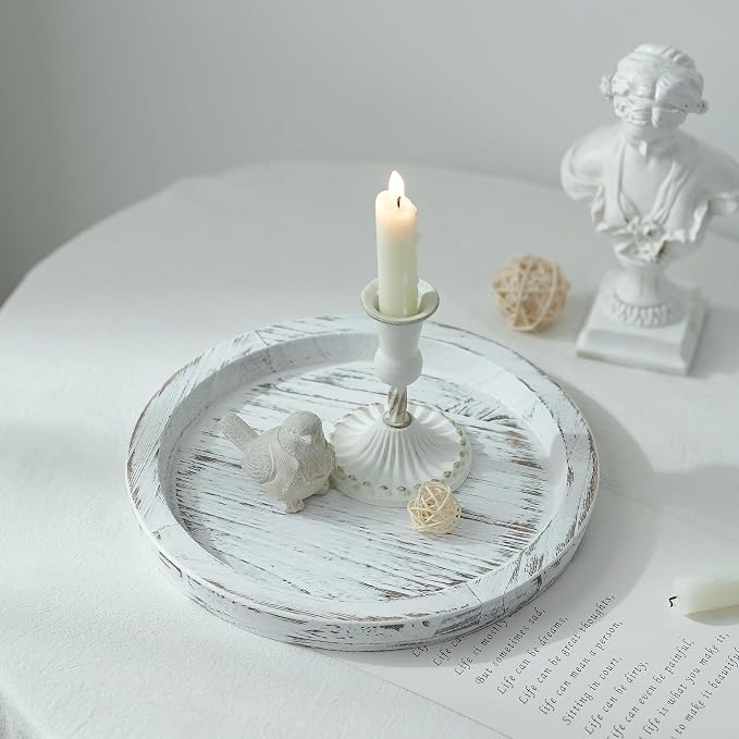 Hanobe Candle Plate Holder Tray: Round Wood Decorative Candle Plate - Rustic Farmhouse CoffeeTable Decor - Tealight Pillar Trays for Home Decor (White Rustic)