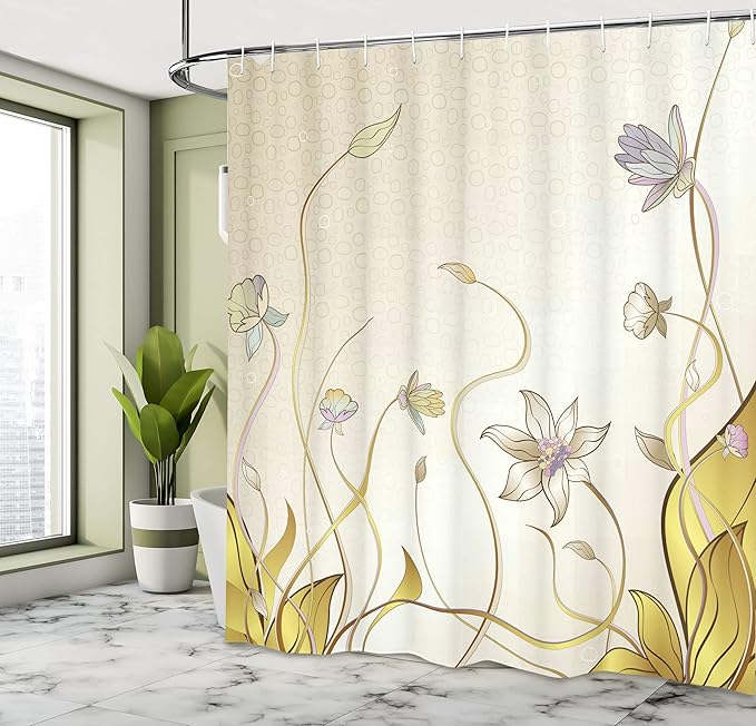 Ambesonne Abstract Shower Curtain, Flower Nature Theme Pattern Nice Lily Blossoms in Spring Pattern Print, Cloth Fabric Bathroom Decor Set with Hooks, 69" W x 70" L, Cream and Mustard