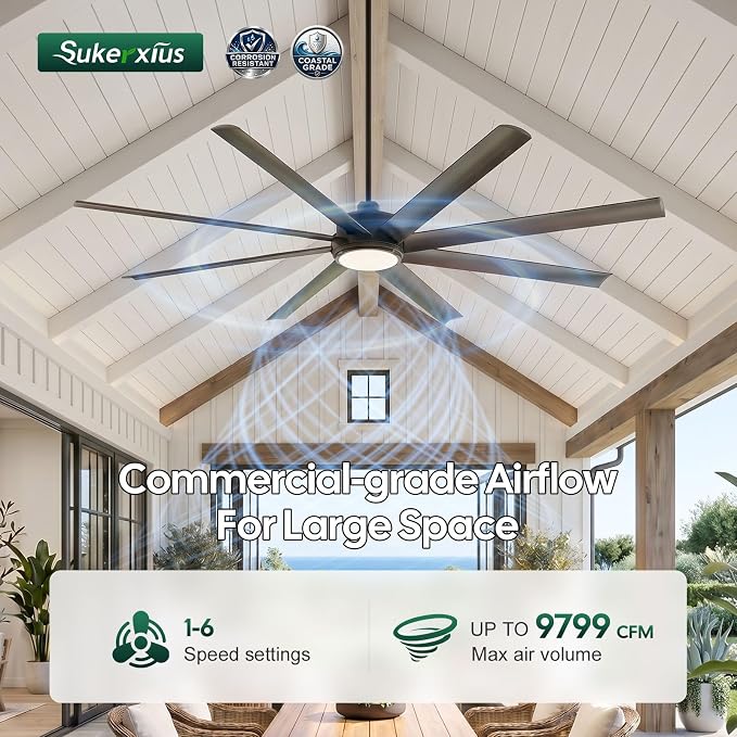 72 Inch Outdoor Ceiling Fan with Light, Modern Black Smart Ceiling Fan with Alexa/App/Remote Control, 8 Anti-Rust Aluminum Blades, High 9799 CFM Quiet DC Motor, Damp Rated for Patio Living Room Garage
