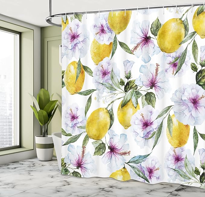 Ambesonne Spring Shower Curtain, Hibiscus Flowers and Big Lemons Watercolor Paint Print Farmhouse Vibe, Cloth Fabric Bathroom Decor Set with Hooks, 69" W x 75" L, Multicolor Yellow Green