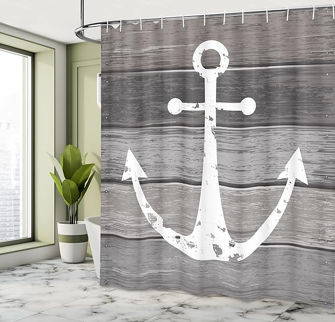 Ambesonne Anchor Shower Curtain, Grunge Style Pattern of Marine Ornament on Weathered Rustic Wooden Planks, Cloth Fabric Bathroom Decor Set with Hooks, 69" W x 70" L, Taupe Dust