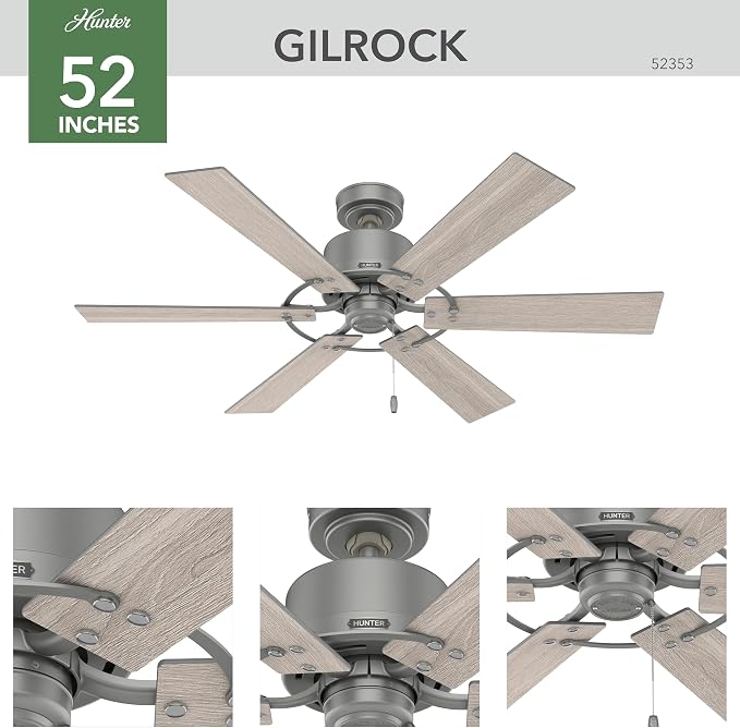 Hunter Gilrock, Indoor, Ceiling Fan, No Light, 52 inch, Matte Silver | Standard Mount, Pull Chain, 6 Blades, For Bedroom, Living Room, Kitchen, 52353