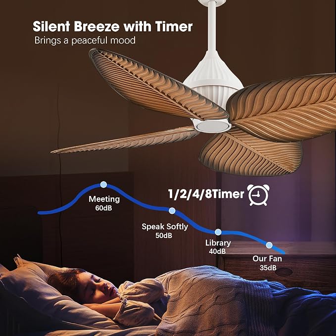 52"White Tropical Ceiling Fans, Flush Mount Palm Leaf Ceiling Fan no Light, Indoor Ceiling Fans without Light for Living Room Bedroom Kitchen Covered Gazebo, APP and Remote Control-Light Wood Grain