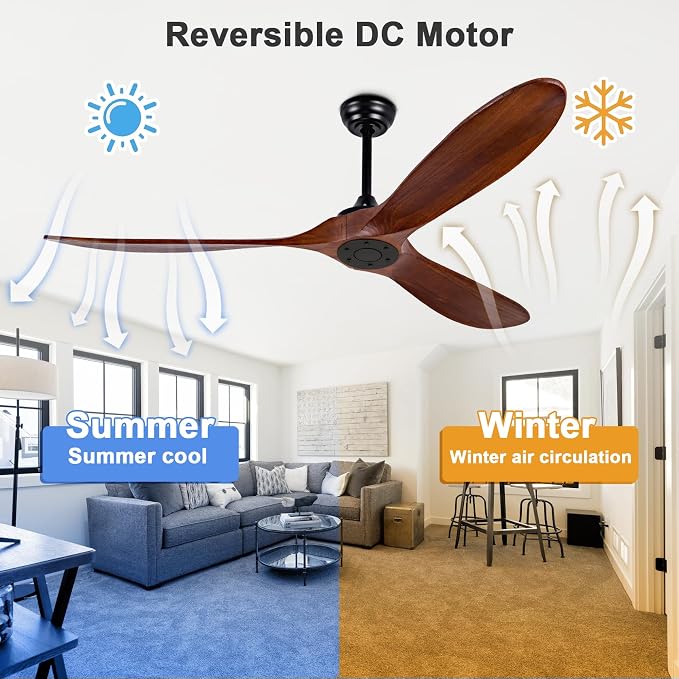 60" Ceiling Fan [No Light with Remote Control], Indoor Outdoor Ceiling Fan [with 3 Wooden Blades] for Patio, Living Room, Bedroom, Office, Farmhouse. Black + Walnut Color.