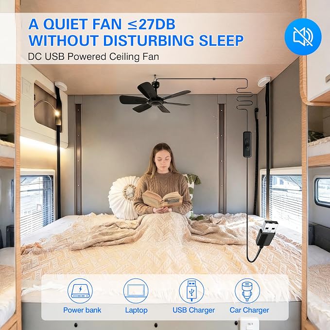 17.7" Inch Small Portable Ceiling Fan with ON/OFF switch, USB Plug In, 5V DC Powered, 6 Blades, Indoor/Outdoor RV Camping Tent Canopy, Gazebo，Beach，Hanging, Quiet,black
