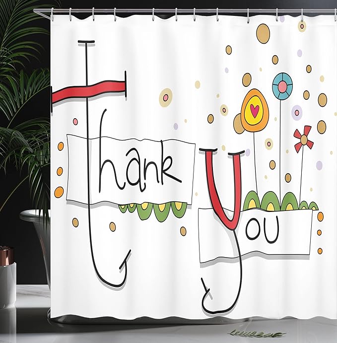 Ambesonne Graphic Art Shower Curtain, Fun Thank You Typography with Abstract Cartoon Style Flowers Hearts and Dots, Cloth Fabric Bathroom Decor Set with Hooks, 69" W x 70" L, Green Black