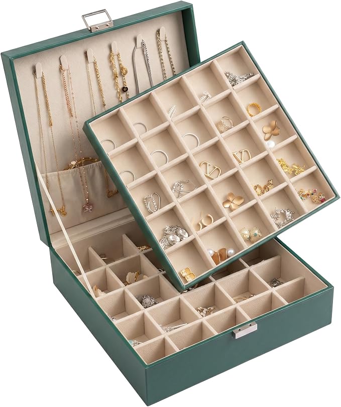 Frebeauty 50 Grid Earring Holder Organizer,2 Layer Jewelry Box for Women | Faux Leather,Velvet Lining,Adjustable Divider,Jewelry Organizer for Ring Necklace and Bracelet,for Home Use and Jewelry Store