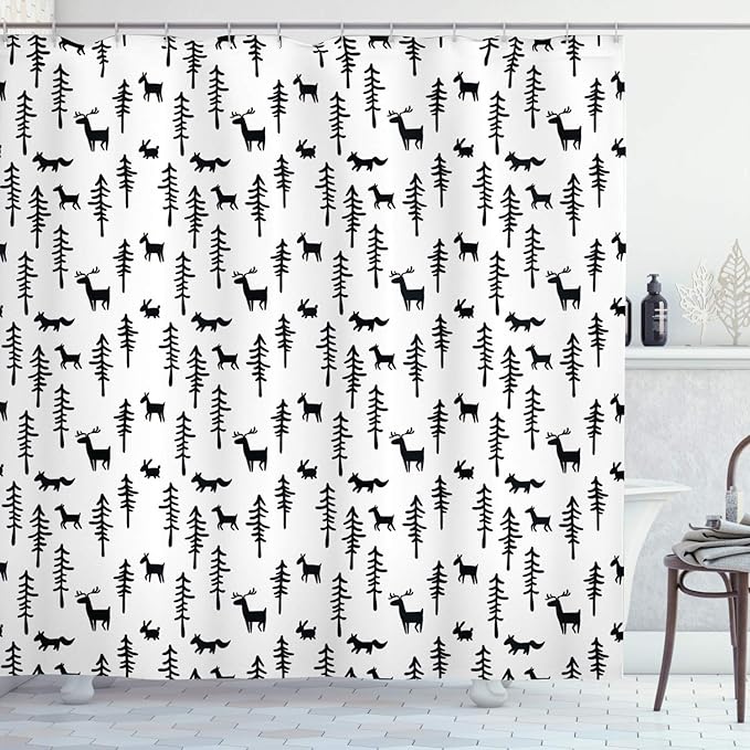 Ambesonne Forest Shower Curtain, Christmas Spirit Inspired Sketchy Reindeer Pine Trees Rabbits Animal Design, Cloth Fabric Bathroom Decor Set with Hooks, 69" W x 75" L, White Black
