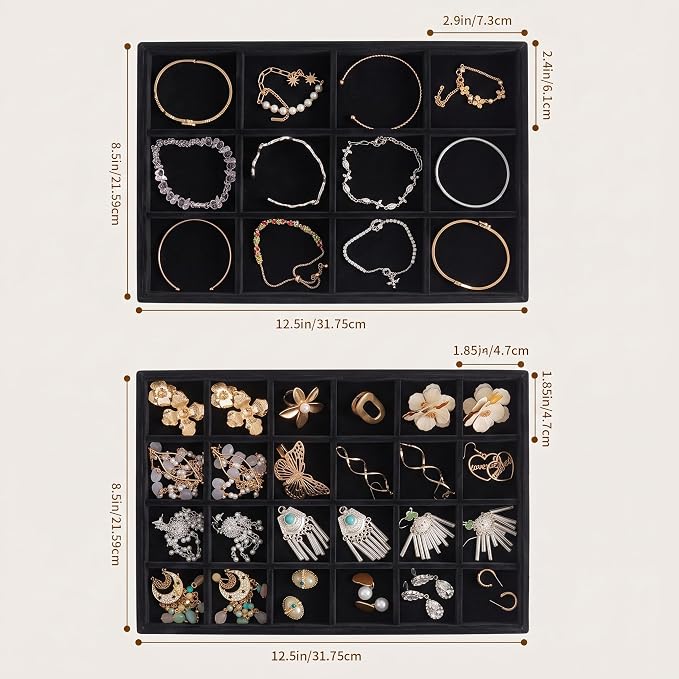 Frebeauty Jewelry Trays for Drawer,Set of 2 Jewelry Organizer and Storage | Velvet Material,Stackable,Adjustable Dividers,Drawer Inserts for Rings Studs Bracelet,Earring Organizer for Women Girls