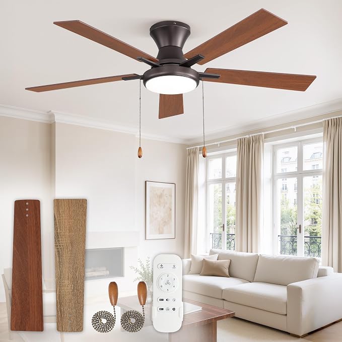 ZMISHIBO Ceiling Fans with Lights, Low Profile Ceiling Fan with Pull Chain and Remote Control, Flush Mount, Reversible, Dimmable, Noiseless, Black Pull Cord Ceiling Fan for Bedroom(52inch Brown)