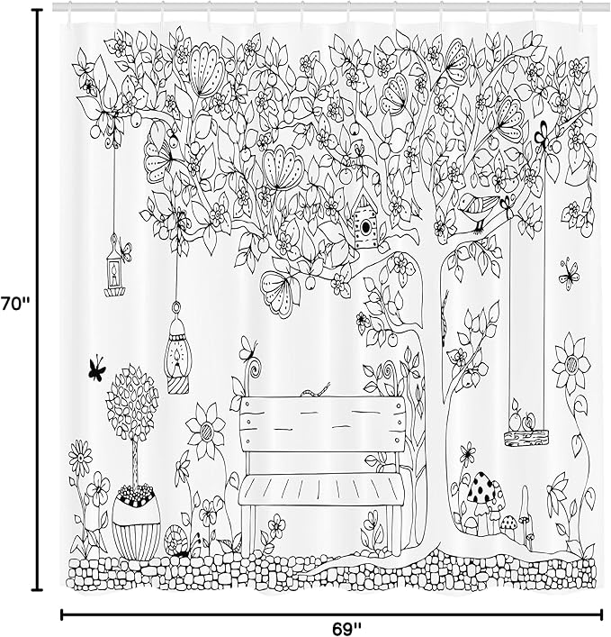 Ambesonne Tree Shower Curtain, Floral Tree with Outline Butterflies and Swing in Garden Dream Space Illustration, Cloth Fabric Bathroom Decor Set with Hooks, 69" W x 70" L, Cream and Black