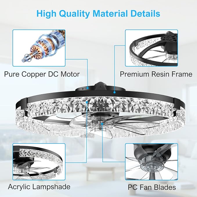 Crystal Ceiling Fans with Lights and Remote, 20'' Low Profile Ceiling Fan, 1-6 Wind Speeds, 3000-6500K Dimmable Flush Mount LED Fan Light, Modern Fandelier Ceiling Fans for Bedroom