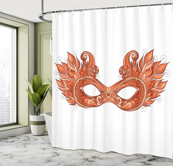 Ambesonne Masquerade Shower Curtain, Ornate Mardi Gras Carnival with Feathers Festival Celebration Theme Artwork, Cloth Fabric Bathroom Decor Set with Hooks, 69" W x 70" L, Orange