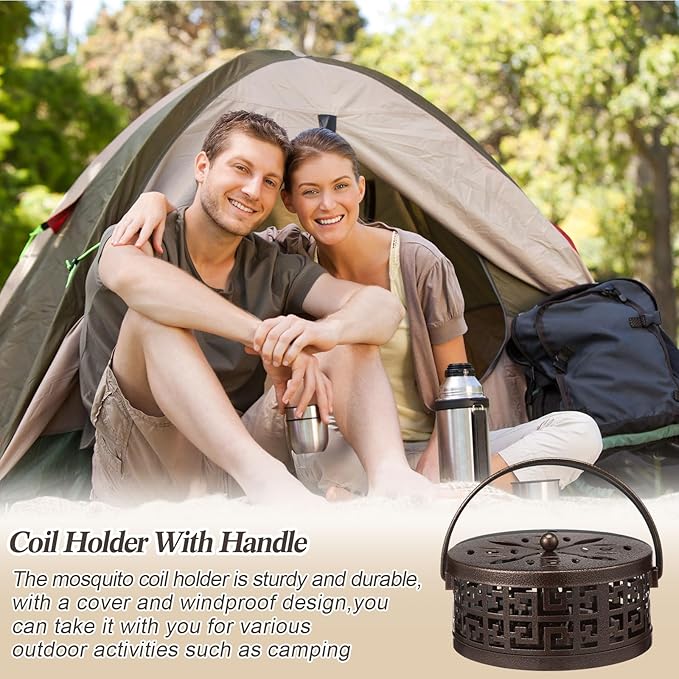 Lallisa 4 Pieces Mosquito Coil Holder Incense Coil Holder Round Retro Portable Metal Hanging Incense Burner with Handle for Home Camping Indoor Outdoor Patio (Bronze,Metal Sheet Included)