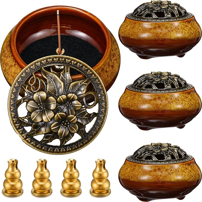 Maxcheck 4 Pcs Ceramic Incense Burner with Copper Lid Metal Incense Holder Lotus Cone Burner for Sandalwood Palo Santo Sage Cones Meditation Yoga Spa Gifts Room Decor(Yellow)
