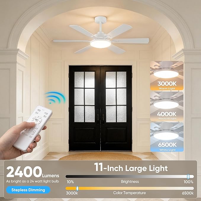 52'' Downrod Mount Ceiling Fans with Lights for Living Room, White | 6 Blades, 6 Speeds, MAX 5600 CFM, Remote&APP Control, 3CCT Dimmable LED, All Metal Body, Memory Function, Reversible DC Motor